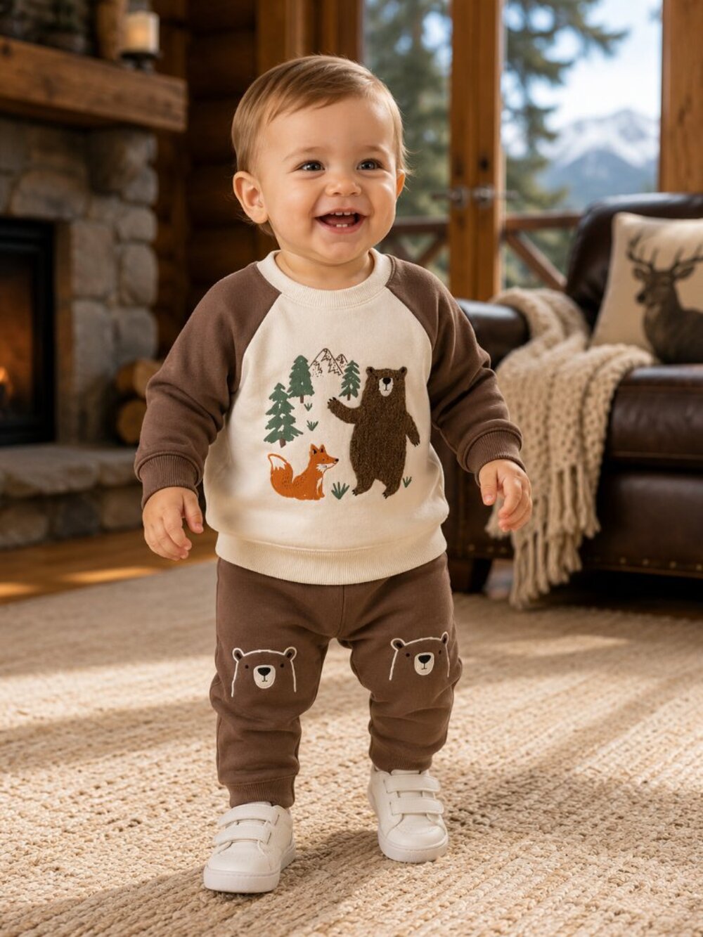 NWT Baby Essentials Baby Boys 2 Piece Bear Embroidered Outfit Set 12 Months